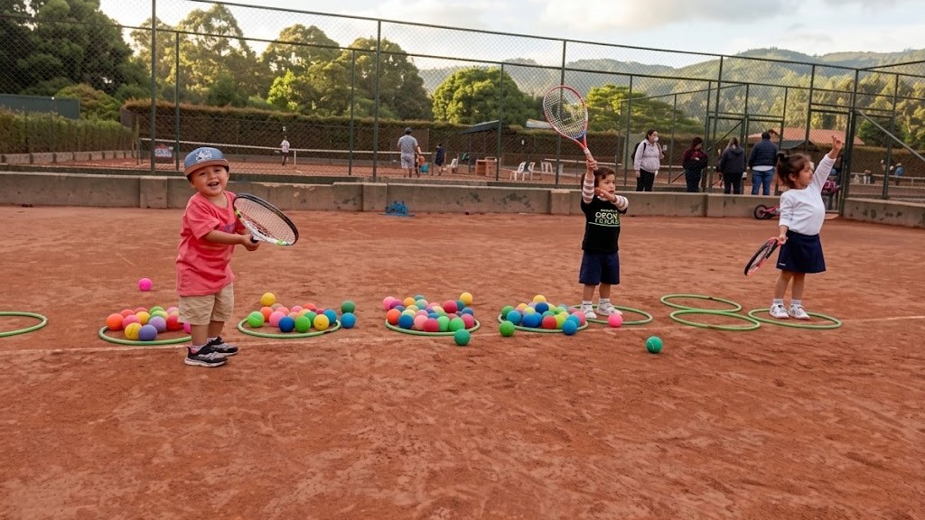 Niños de baby tenis con raquetas, aros y pelotas de colores en la cancha